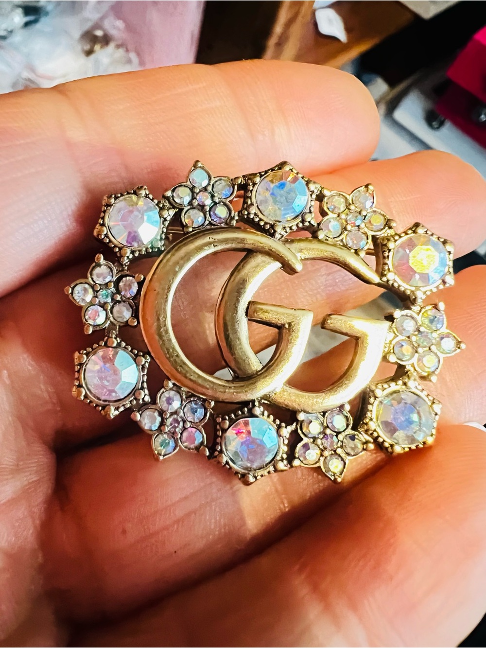 Unbranded -Inspired Gold Double G Crystal Brooch - Iridescent Accent
